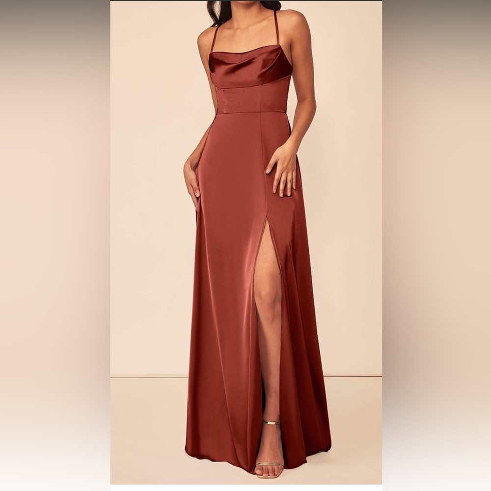AZAZIE CLOVE
A-Line Side Slit Stretch Satin Floor-Length Dress Terracotta